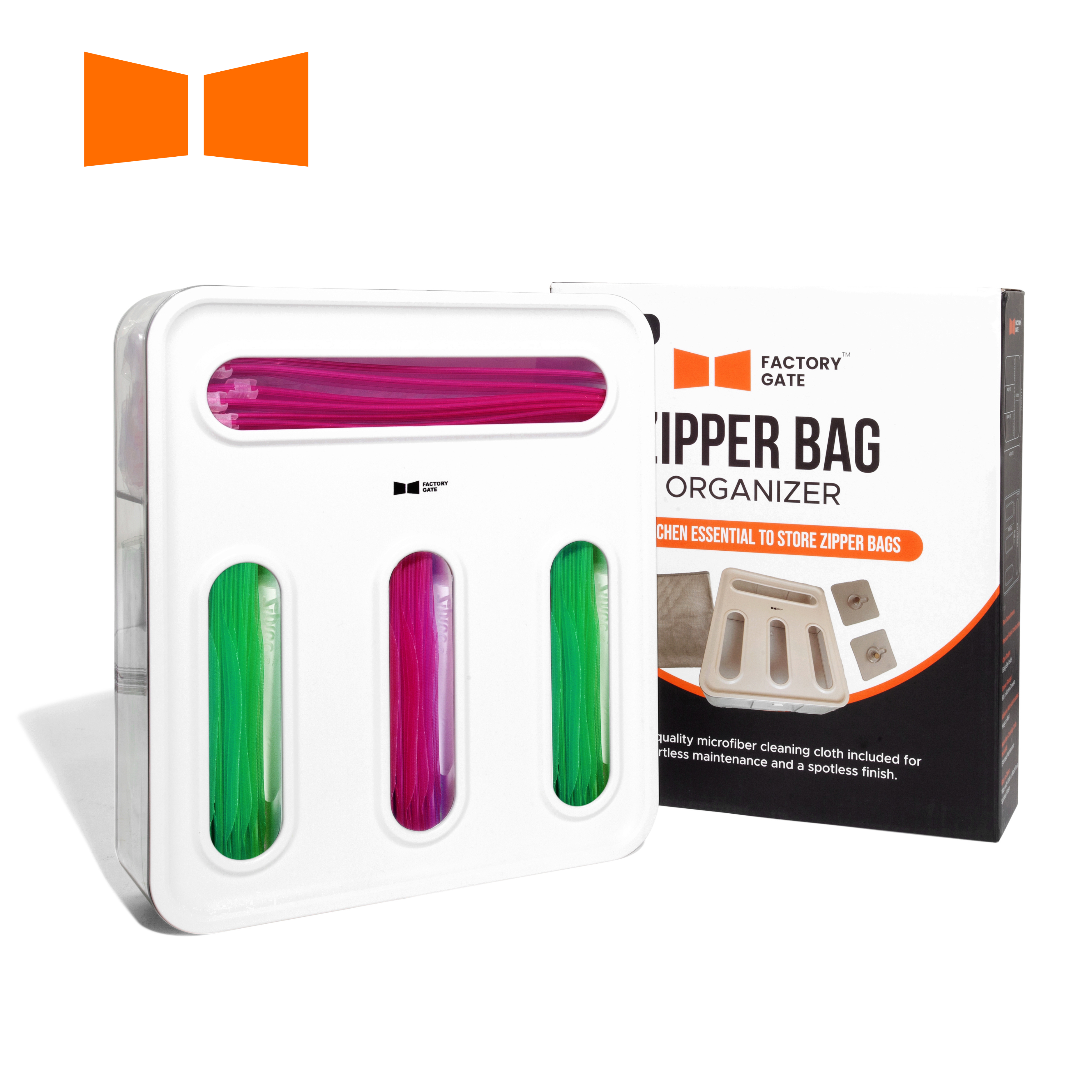 Four-compartment zipper bag organizer beside its packaging