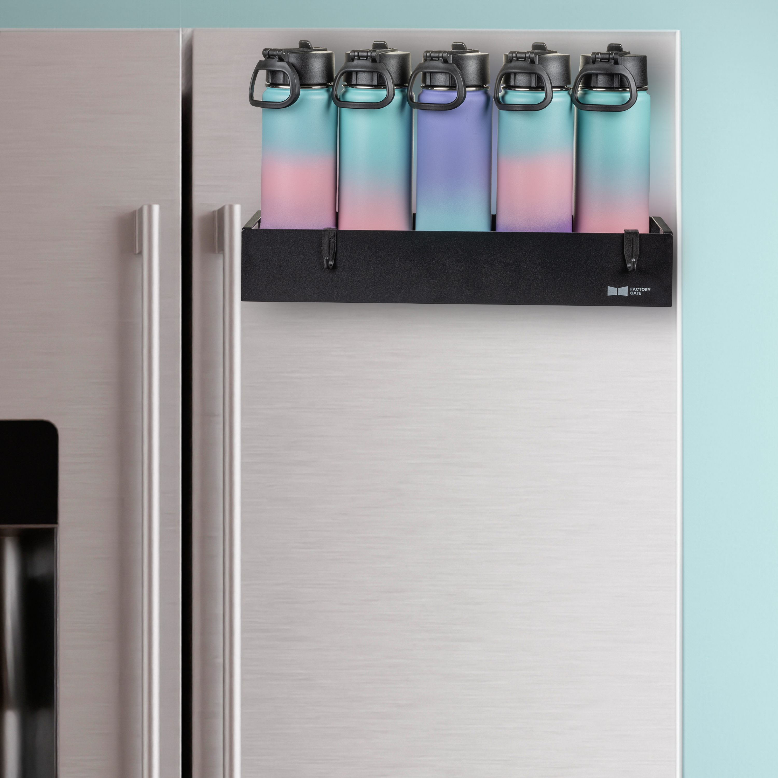 Factory Gate bottle organizer in use on a refrigerator