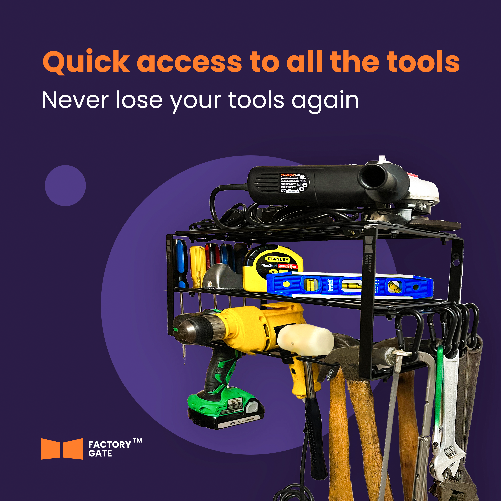 Factory Gate rack holding power tools and hand tools